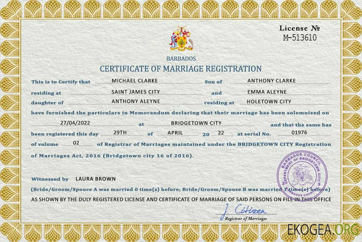 Modèle PSD de certificat de mariage à la Barbade